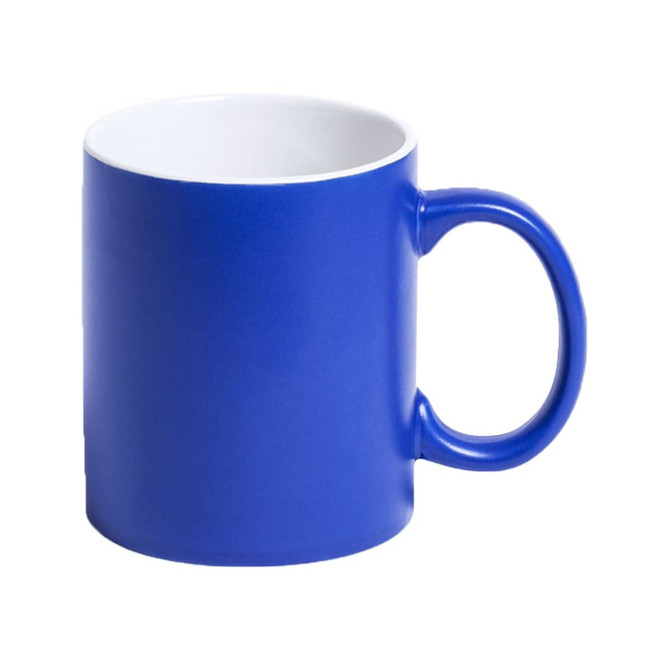 A blue coffee mug with a white interior and a standard handle, featuring a logo.