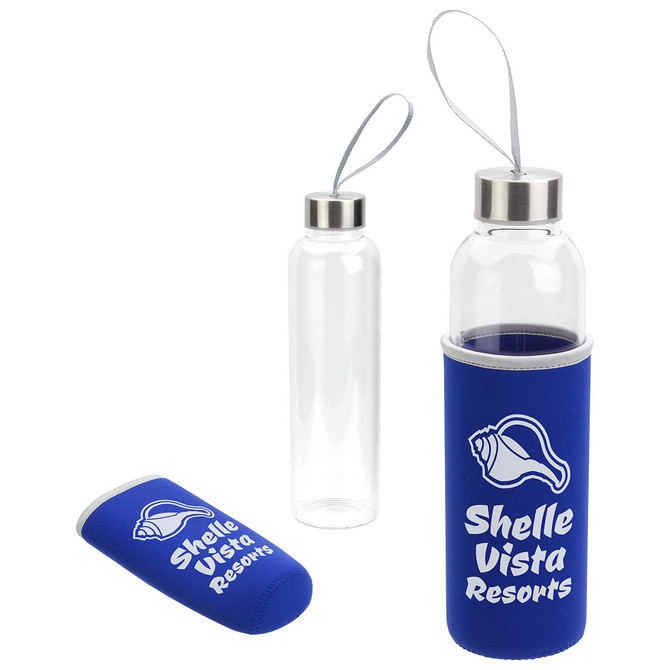 A drink bottle featuring a clear glass design with a stainless steel cap and a blue neoprene sleeve, with branding.
