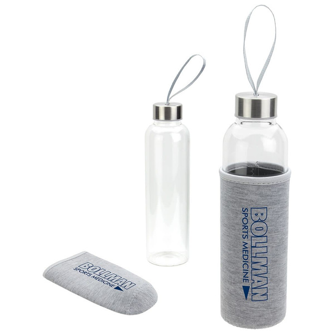 A drink bottle with a stainless steel lid and a grey neoprene sleeve, featuring a logo. The bottle is transparent.