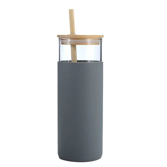 A drink bottle in grey with a bamboo lid and a straw, featuring a transparent glass body.