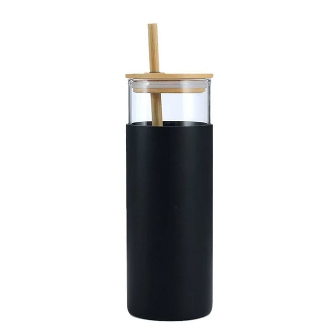 A drink bottle featuring a black exterior, transparent top, and a wooden lid and straw. It includes a logo.