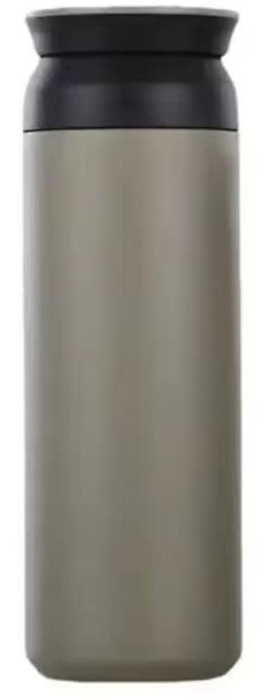 A drink bottle in a sleek grey-green colour with a black lid, featuring a simple design and branding.