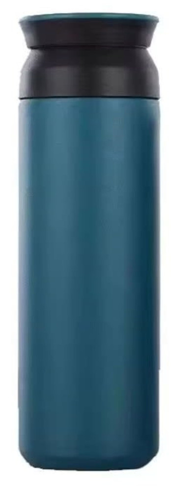 A drink bottle in teal with a black top, featuring a sleek vacuum design and a logo.
