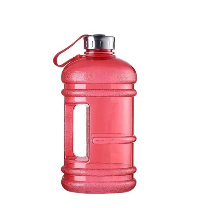 A drink bottle in transparent red plastic, featuring a handle and a metal lid, with a logo on the side.