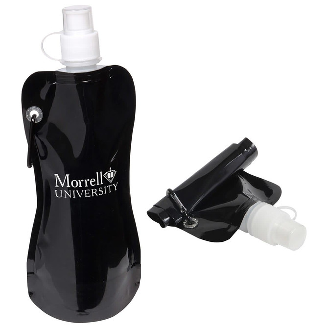 A black Flex Water Bottle with a carabiner and a nozzle, featuring a logo on the front.