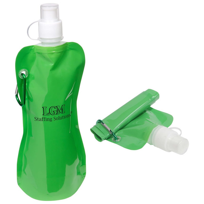 A green flexible water bottle with a carabiner, featuring a cap and a compact design for easy storage.