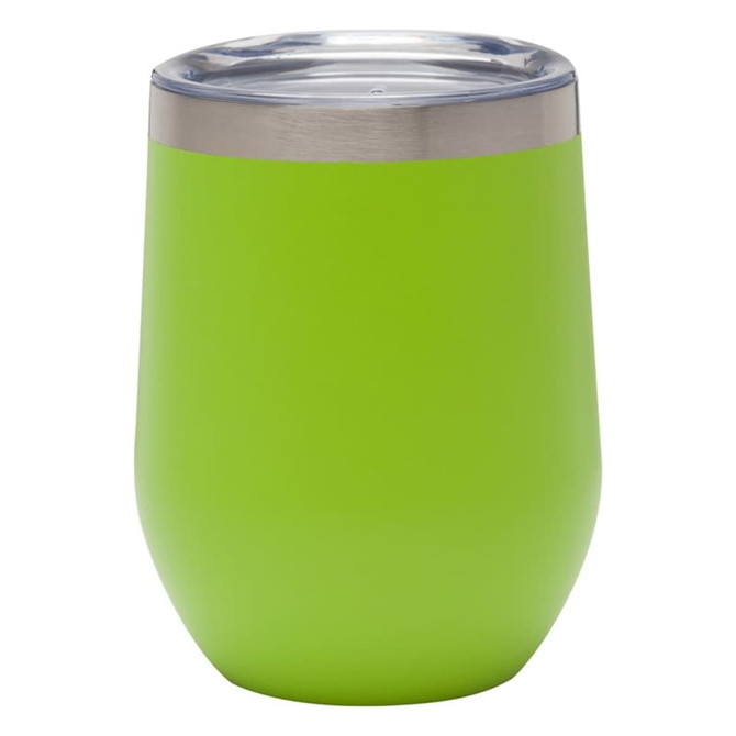 A drink bottle in vibrant green with a stainless steel lid, featuring a smooth, rounded design and a logo.