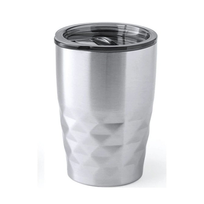 A drink bottle in a silver, diamond cut design with a black lid and a logo on the side.