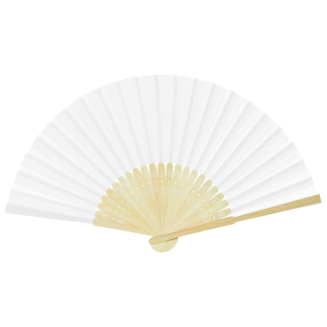 A foldable fan with a white fabric surface and wooden frame, featuring decorative cutouts on the handle.