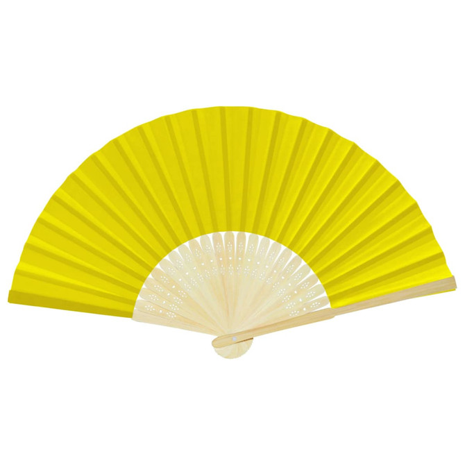 A bright yellow foldable fan with a wooden handle and intricate detailing on the ribbing.