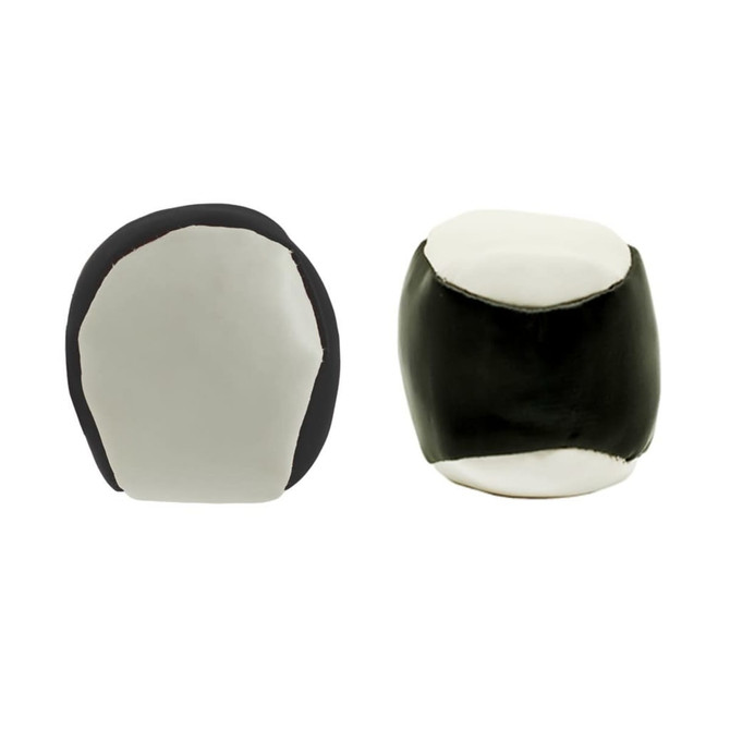 A black and white hacky sack with a smooth surface and rounded shape, featuring a logo on one side.