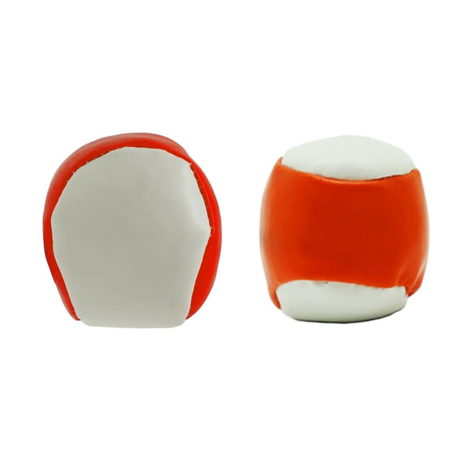 A novelty hacky sack featuring a red and white design, with a smooth surface and rounded shape.