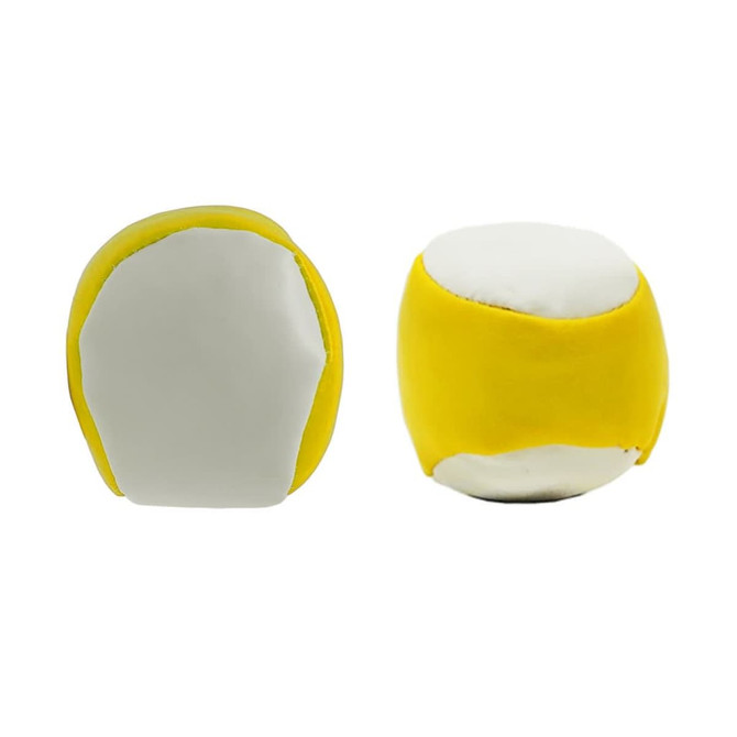 A yellow and white Hacky Sack, featuring a rounded shape and a smooth surface with a logo.