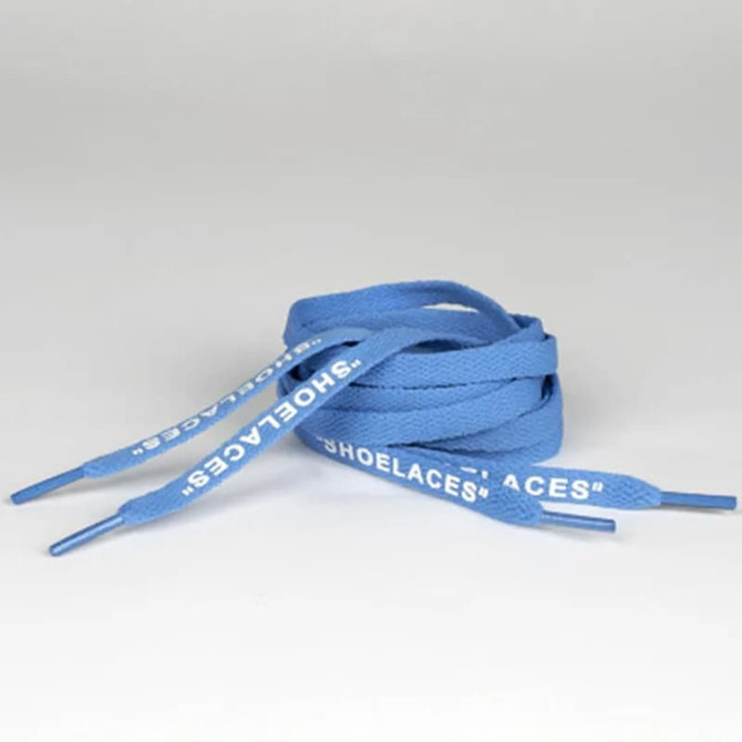 Blue printed shoelaces with aglets, neatly coiled together on a plain background.