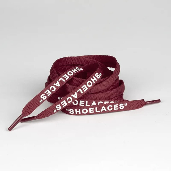 Burgundy printed shoelaces with white text, featuring a branding logo.