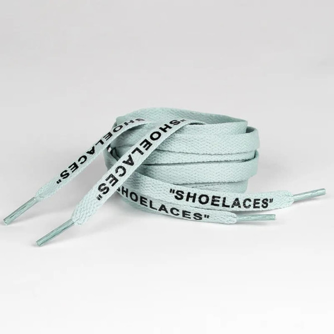 A pair of light blue shoelaces with black text reading "SHOE LACES" on each lace.