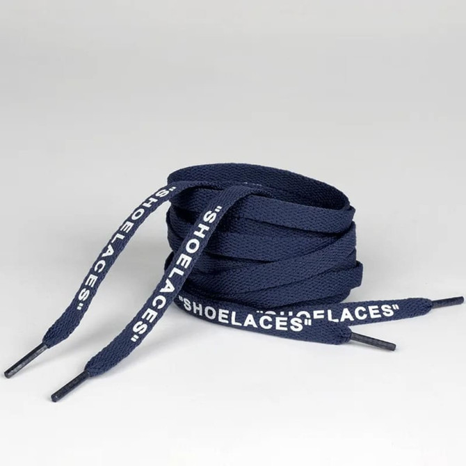 Navy printed shoelaces arranged in a coiled manner, featuring a logo on the ends.