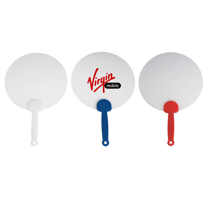 Three plastic hand fans in white, blue, and red, featuring a logo on one of them.