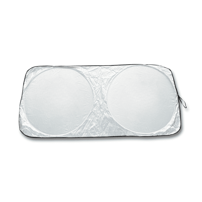A foldable car sun visor in silver, featuring two circular reflective surfaces and a zippered carrying case.