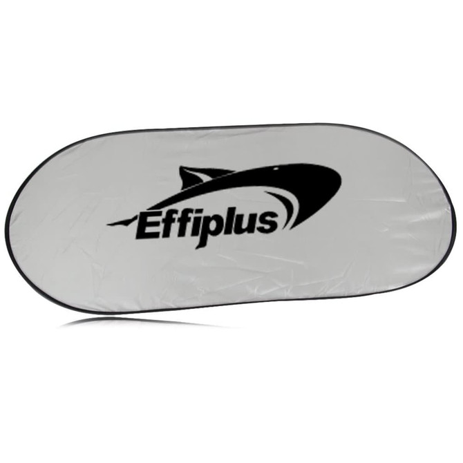 A folding car sunshade in silver with a black logo on one side. The shade is oval-shaped and lightweight.