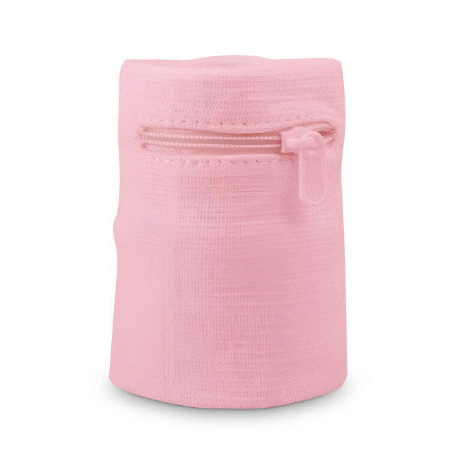 A pink sweat band with a zipper, featuring a textured finish and compact design.