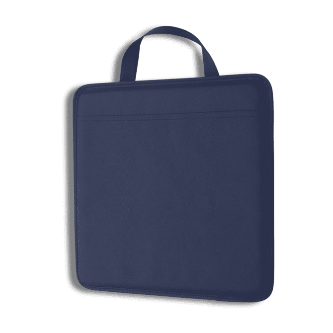 A padded nylon stadium cushion in navy blue with a handle and a subtle logo.