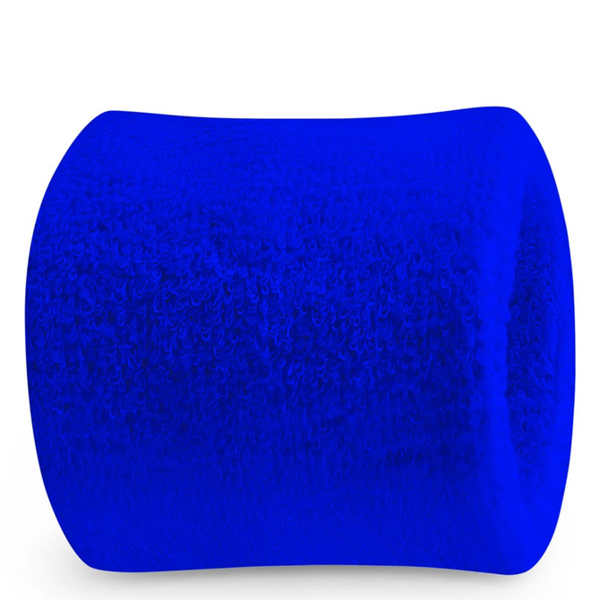 A blue Terry Wrist Sweatband with a textured surface, featuring a logo on the front.