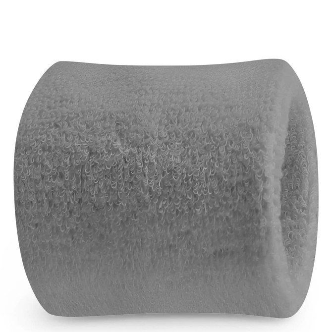 A grey Terry Wrist Sweatband with a soft texture, featuring a logo on its surface.