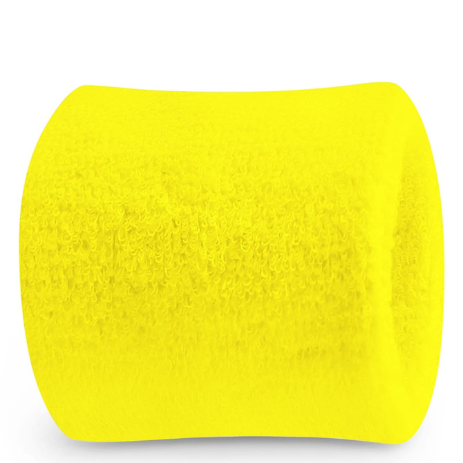 A bright yellow Terry wrist sweatband featuring a soft textured design and a logo.