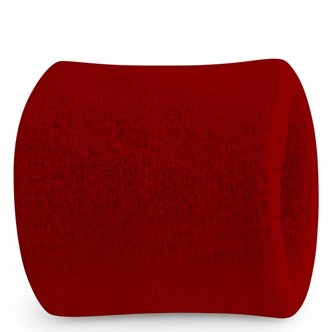 A red Terry Wrist Sweatband with a textured design, featuring a logo.