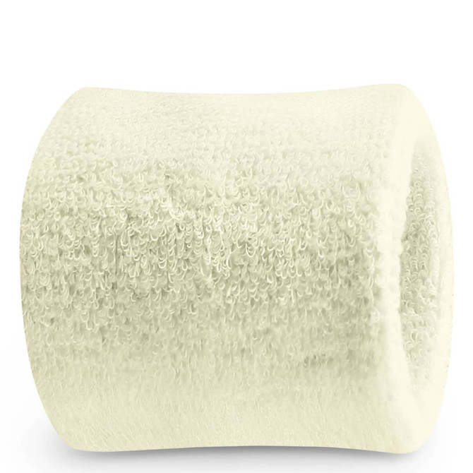 A white Terry wrist sweatband featuring soft, absorbent fabric and a seamless design, with branding present.