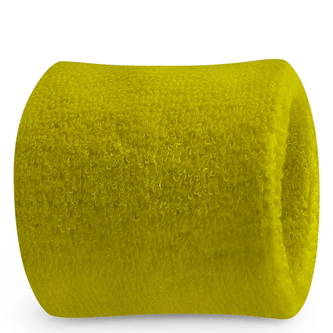 A bright yellow Terry wrist sweatband with a textured surface, featuring a simple design and an unmarked logo.