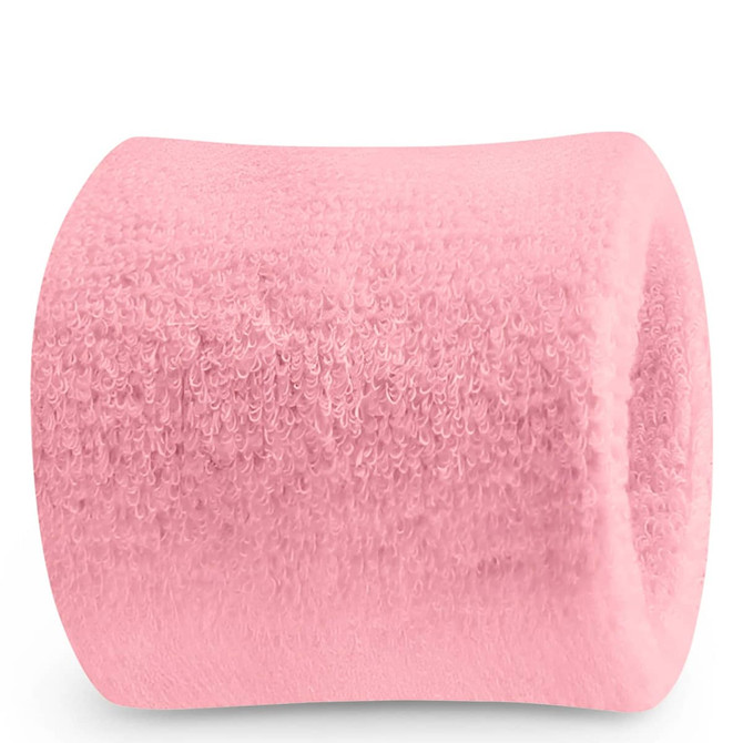 A pink Terry Wrist Sweatband, featuring a soft and textured fabric. It has a logo on it.