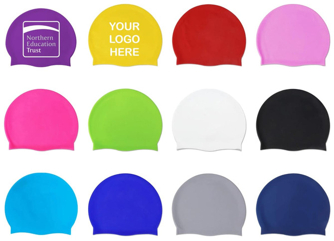 Silicone swimming caps in various colours including purple, pink, green, white, black, blue, and grey, with a logo on one.