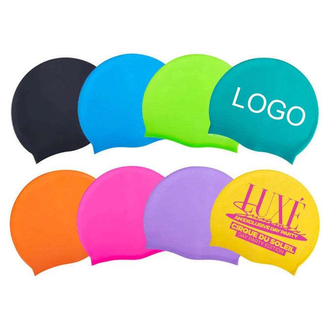 A selection of silicone swimming caps in black, blue, green, orange, pink, and purple, featuring a logo on one cap.