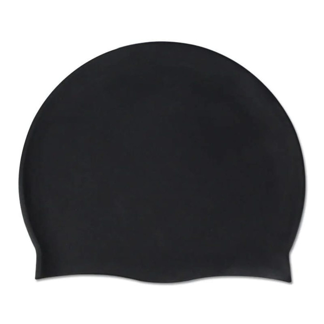 A black silicone swimming cap with a smooth surface and a fitted design. It features a logo on the side.