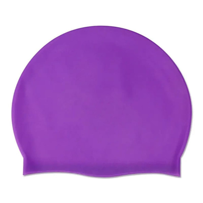 A purple silicone swimming cap featuring a smooth texture and a rounded design. It has a logo on its surface.