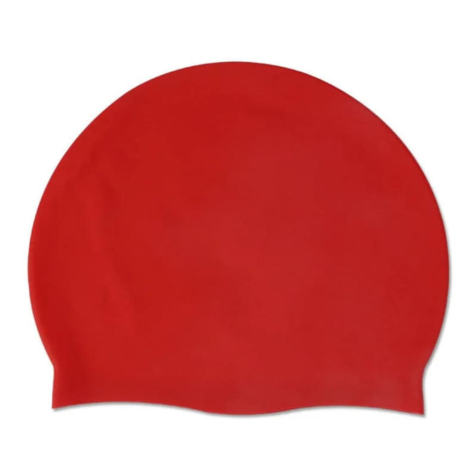 A red silicone swimming cap with a smooth surface and a rounded shape. It includes a logo.