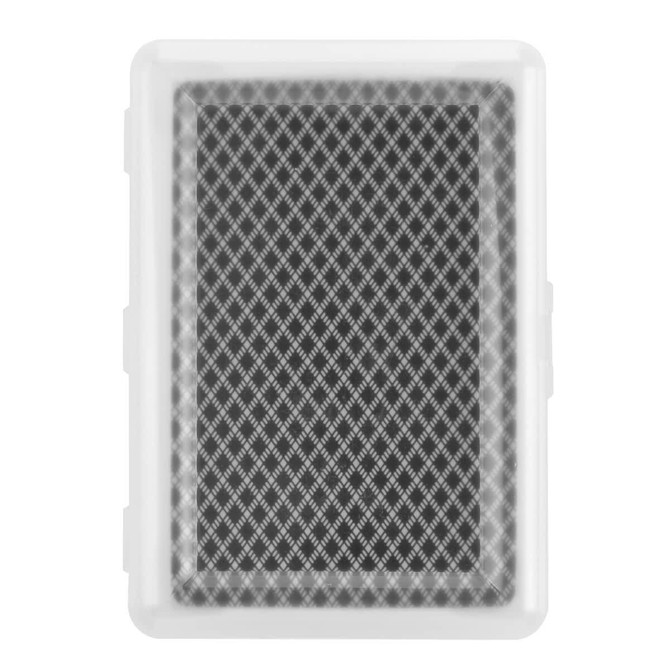 A set of playing cards in a clear plastic case, featuring a patterned black and white design.