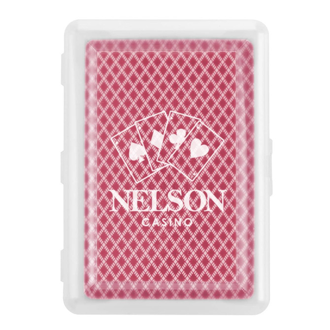 A red playing card deck in a clear case, featuring a logo on the front and a diamond-patterned design.