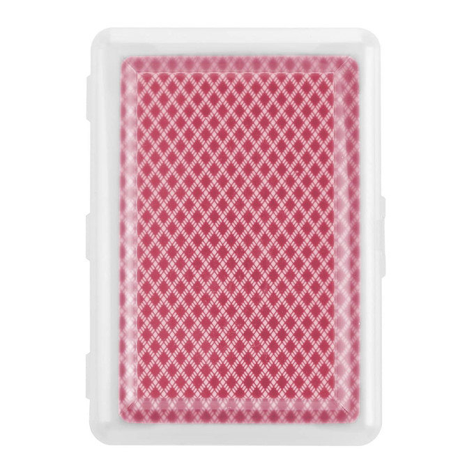 A set of red playing cards in a clear plastic case, featuring a diamond pattern.
