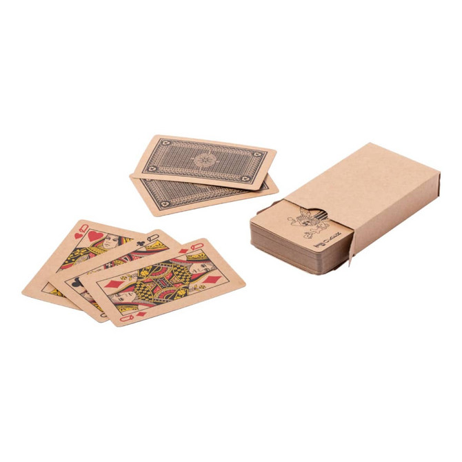 A set of recycled paper playing cards in a natural cardboard box, featuring illustrated designs on each card.