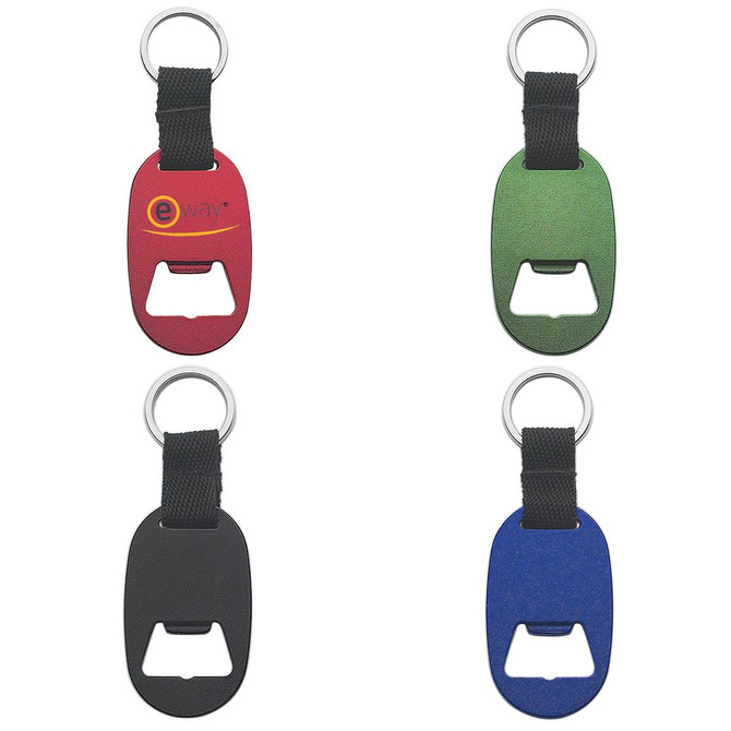 A drink bottle opener keyring in red, green, black, and blue, featuring a circular keyring and a logo.