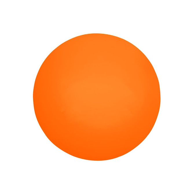 A bright orange round stress ball with a smooth surface. It has a logo imprinted on it.
