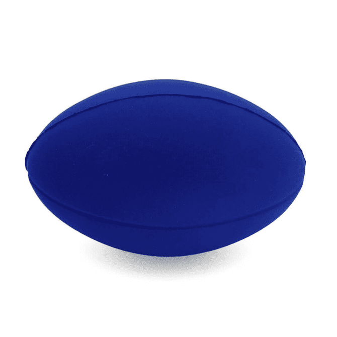 A blue football-shaped stress ball with a smooth surface and a rounded design. It features a logo.