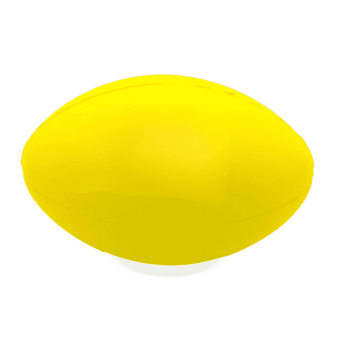 A yellow football-shaped stress toy with a smooth surface and a rounded design. It features a logo on one side.