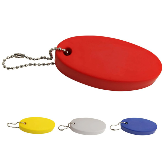 An oval stress shape keyring in red, with options in yellow, white, and blue, attached to a ball chain.