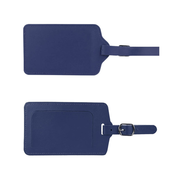 A navy blue PU leather luggage tag with a buckle and a clear slot for information identification.
