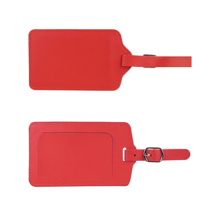A bright red PU leather luggage tag with a buckle strap and a slot for identification. It features a simple design.