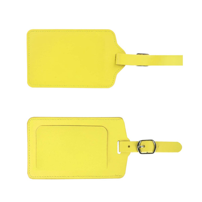 A bright yellow PU leather luggage tag with a buckle strap and a clear ID slot on one side.
